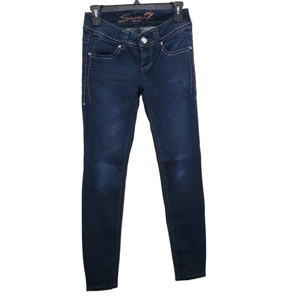 Seven7 Jeans Women's Dark Wash Distressed Jewel Embellished Denim Legging Sz‎ 25 - Picture 1 of 11